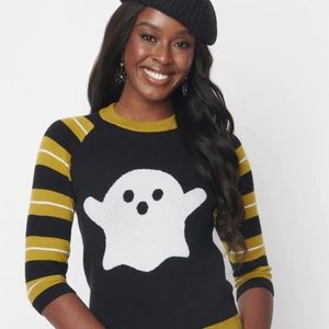 ⛔️SOLD⛔️ Unique Vintage Black & Green Striped Ghosty Boo Halloween Sweater